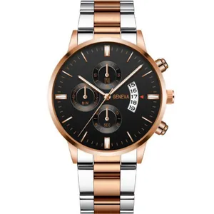 Close-up of Geneva men's watch with rose gold indices and functional sub-dials