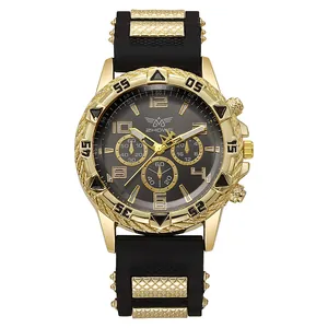 Men's fashion steel watch with gold bezel, black silicone strap and mesh accents