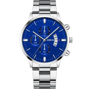 Detailed close-up of a silver steel men's watch with blue dial and date function