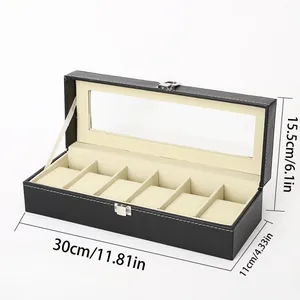 Men's fashion watch box with 6 slots, black PU leather and clear display window