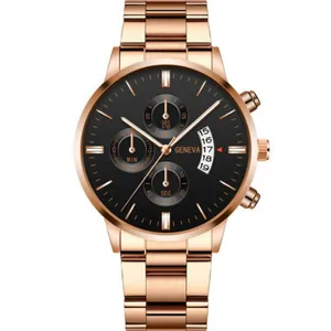 Close-up of Geneva rose gold chronograph watch with black dial and calendar display