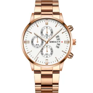 Detail of rose gold quartz watch featuring a white dial, chronograph sub-dials and date window