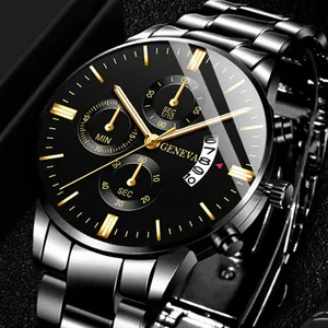 Men's business quartz watch with black stainless steel strap and gold indexes
