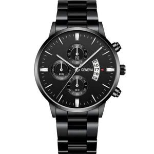 Men's black stainless steel chronograph watch with calendar and metal link bracelet