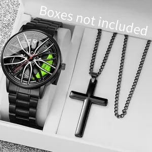 Herren Mode Auto Radnabe Design Quarz Uhr Und Kreuz Halskette Sportlich Legierung Armbanduhr Geschenk Schwarz Metall Accessoires