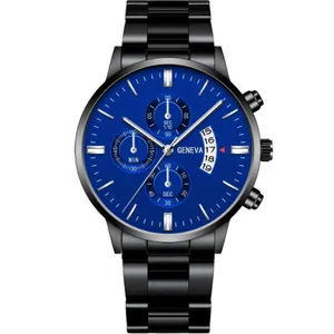 Detail of blue dial quartz watch with calendar window and black metal bracelet