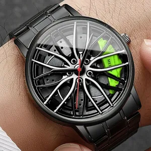 Quarzuhr für Herren im Racing-Felgen-Design mit schwarzem Metallband und rotem Zeiger