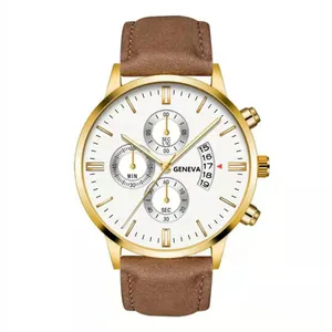 Close-up of Geneva gold watch face with chronograph sub-dials and brown leather strap