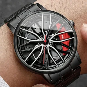 Herrenuhr mit kreativem Felgen-Zifferblatt Design und schwarzem Metallarmband