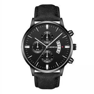 Detail of Geneva black quartz watch featuring calendar window and matte metal case