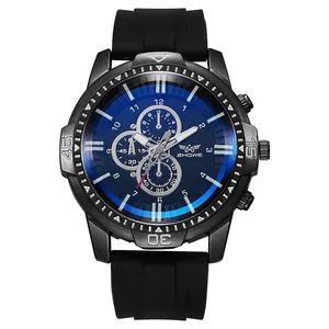 Montre chronographe homme tendance avec cadran bleu et bracelet en silicone noir