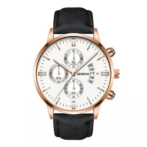 Detail of Geneva quartz watch with rose gold case, three sub-dials and date window