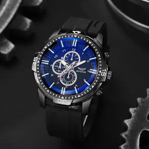 Montre chronographe de sport pour homme avec cadran bleu et bracelet en silicone