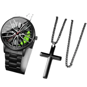 Herrenuhr mit Felgendesign, grünem Bremssattel und schwarzem Kreuzhalsketten-Set