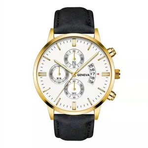 Detail view of gold men's watch featuring white dial, black strap, and date display