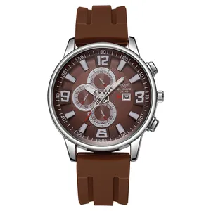 Men's business fashion watch with brown silicone strap and silver case on white background
