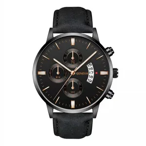 Detailed close-up of chronograph dials and date window on black quartz business watch