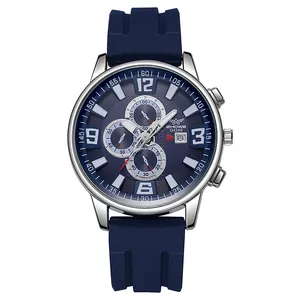 Men's business quartz watch with blue silicone strap and chronograph dial display