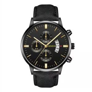 Detail showing Geneva men's black matte watch face with three sub-dials and calendar window