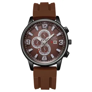 Men's quartz watch with brown silicone strap and black round case featuring a date display