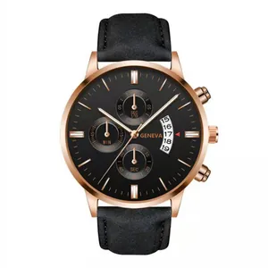 Detail of Geneva quartz watch featuring a black leather strap and rose gold metal case