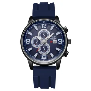 Detail of blue men's watch dial showing chronograph sub-dials and date window