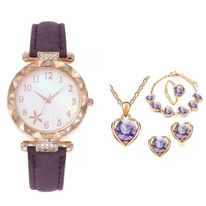 Dames Mode Strass Vlinder Hart Analoog Quartz Horloge Met Sieraden Ketting Armband Ring Oorbellen Romantisch PU Leren Band Accessoire Collectie
