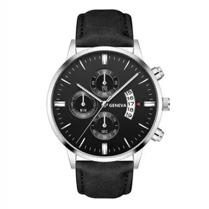 Macro view of men's chronograph watch with three sub-dials and calendar window display