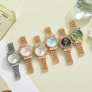 Detailed display of rhinestone-encrusted quartz watches in multiple dial colors and finishes