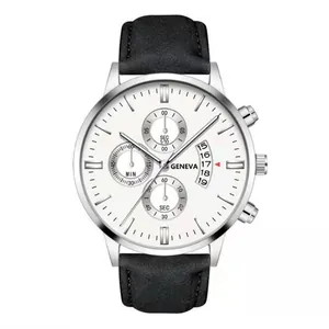 Macro detail of the silver quartz watch with white three-subdial and date window feature
