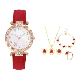 6-delige luxe dames horloge set met rode lederen band en hartvormige sieraden
