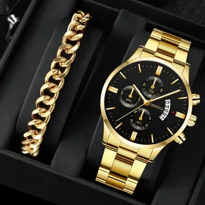 Luxury Men Quartz Watch Set With Cuban Link Bracelet Alloy Metal Strap Date Calendar Dial Business Fashion Wristwatch Gift