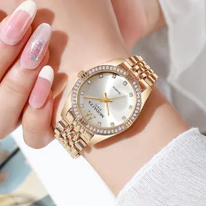 Fashion Women Quartz Watch Rhinestone Bezel Luxury Alloy Chain Link Strap Minimalist Round Dial Wristwatch Jewelry Gift
