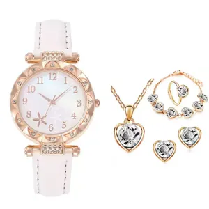 Elegante 6-delige dameshorlogeset met roségouden hartjuwelen en witte leren band