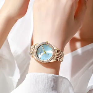 Women luxury quartz watch with sky blue sunray dial and rose gold rhinestone band
