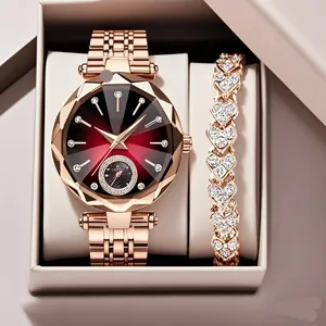 Damen-Armbanduhr-Set in Roségold mit facettiertem Zifferblatt und Herz-Strass-Armband