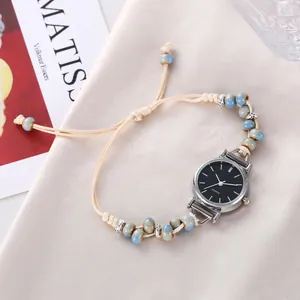 Montre Bracelet Vintage en Corde Tressée Perles Céramique Pour Femme Montre à Quartz Bohème Boîtier en Alliage Bijou Élégant