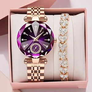 Damen Quarzuhren-Set in Roségold mit lila Glaszifferblatt und Herz-Gliederarmband