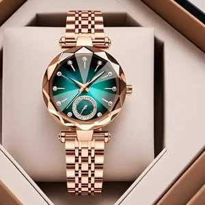 Damen Quarzuhr in Roségold mit grünem Zifferblatt und Glas mit Diamantschliff-Optik