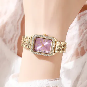 Elegant gold square watch for women with rhinestone bezel and purple sunray dial