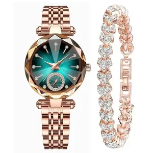 Damen-Uhrenset in Roségold mit tiefgrünem Zifferblatt und passendem glitzerndem Strassarmband