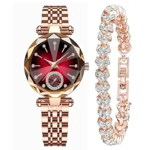 Detailansicht der roségoldenen Damenuhr mit rotem Sternenzifferblatt und Herz-Armband