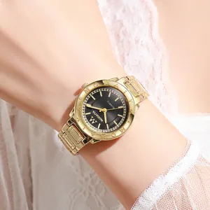 Elegant gold quartz bracelet watch for women with black dial and diamond accents