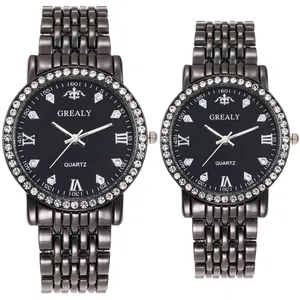 Waterproof diamond quartz couple watch set with dark grey steel band and roman numerals