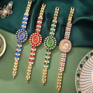 Montre Bracelet de Luxe pour Femme Quartz Fleurs Strass Alliage Doré Pierres Précieuses Colorées Montre Bijou
