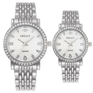 Silver couples quartz watch set with diamond-encrusted bezel and stainless steel band