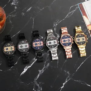 Men's business quartz watches with metal link bands in black, silver, and gold finishes