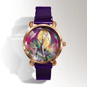 Detail of rose gold case and purple Milanese strap with fairy castle dial art