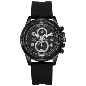 Close-up of black men's quartz chronograph watch featuring silicone strap and date display