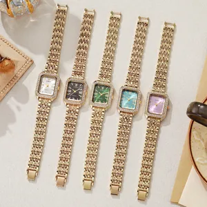 Women's square gold quartz watches with rhinestone bezels in five different dial colors